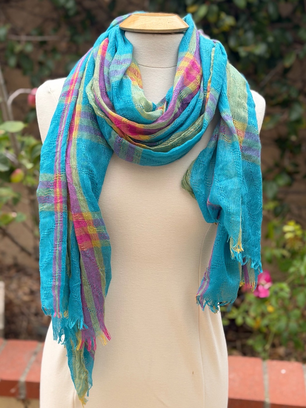 Bright Turquoise Plaid Fringe Scarf